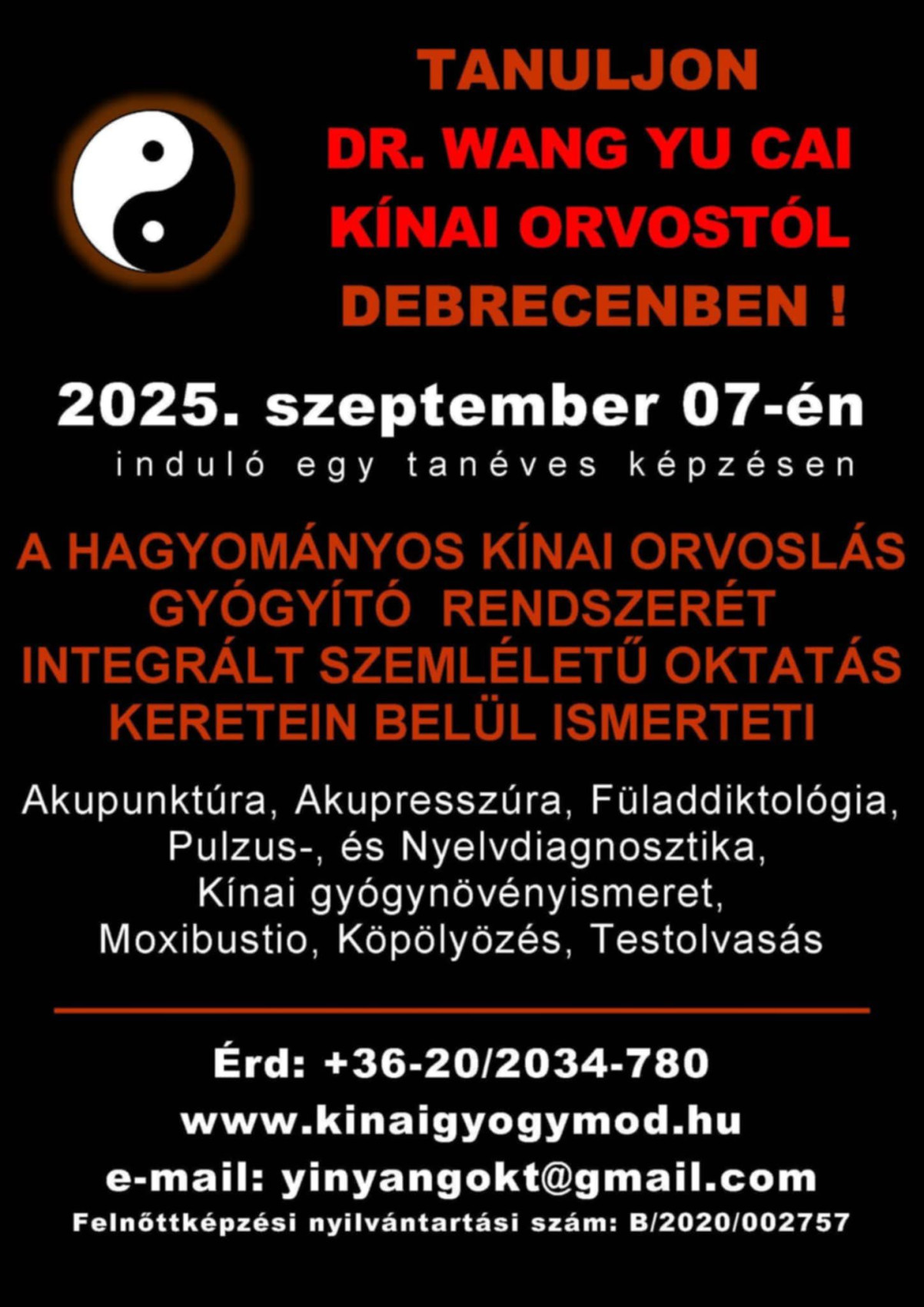 Yin-Yang Egészségügyi és Oktatási Központ, Dr. Wang hagyományos kínai orvoslás és oktatás kép